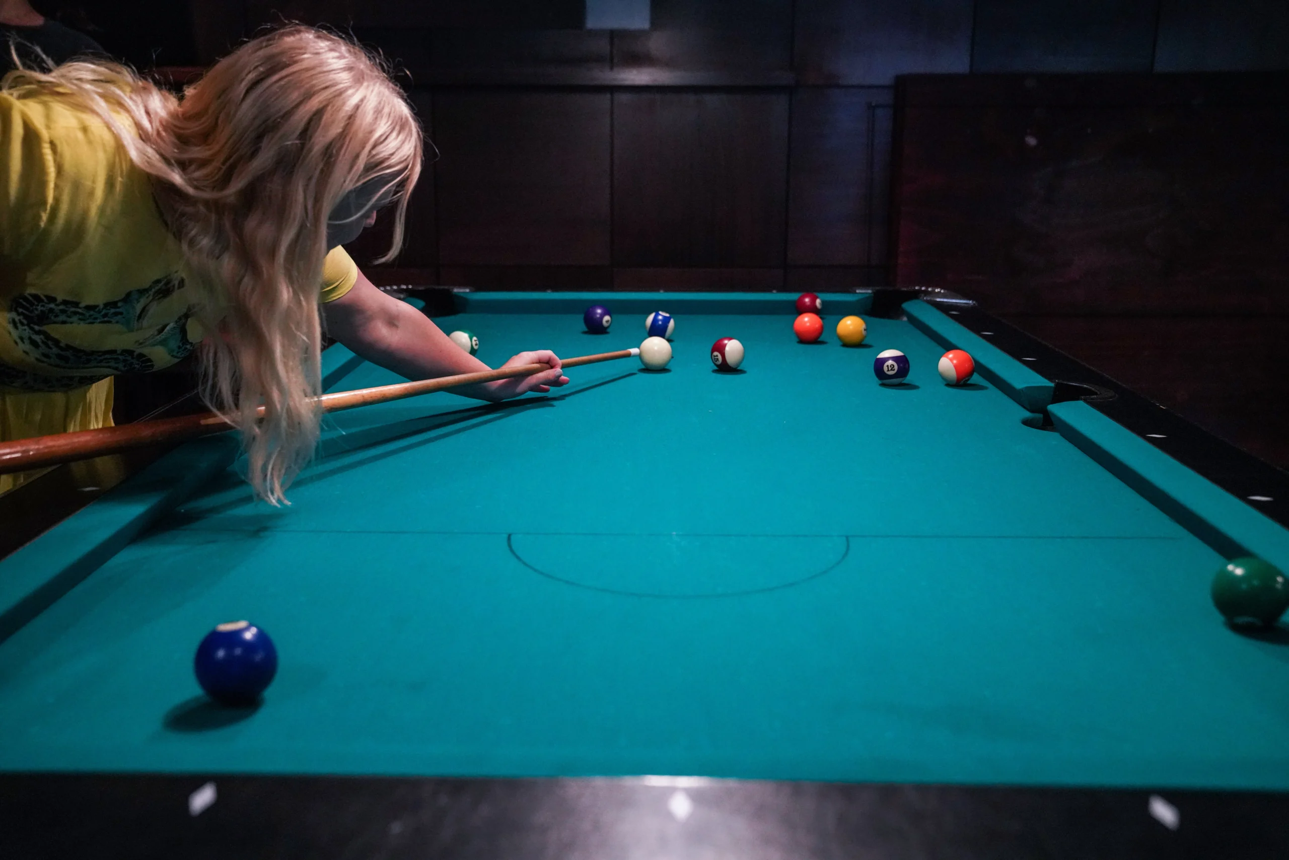 Close-up of pool balls racked and ready at Woody's

